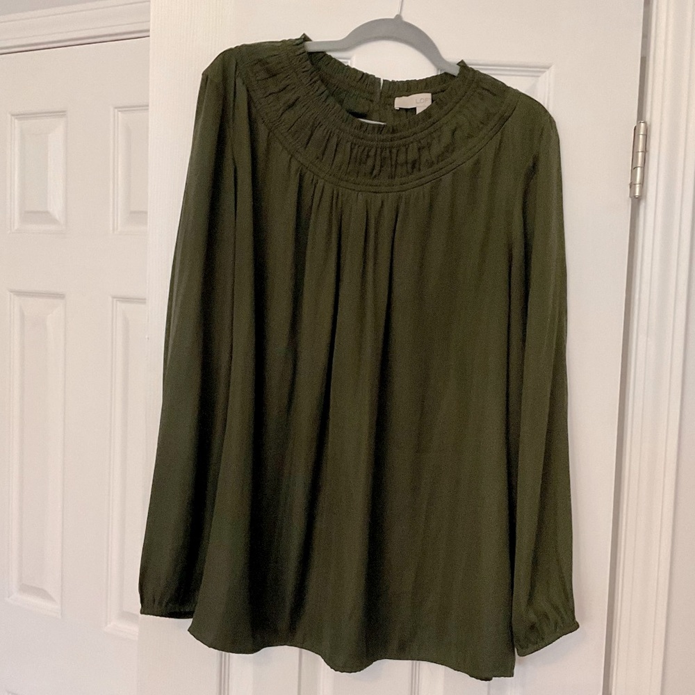 Loft Olive Green Long Sleeve Smocked Neckline Blouse - Size XXL